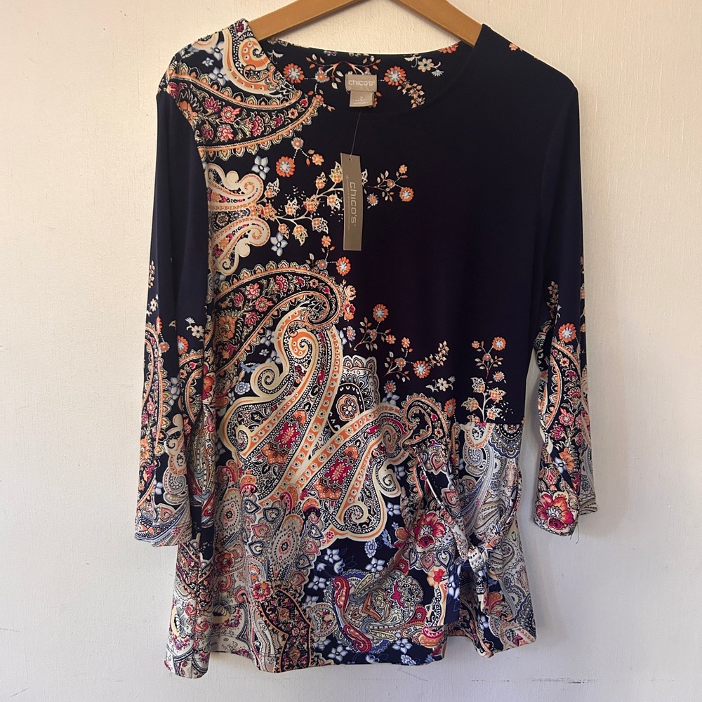 Chicos Knit Top Womens Large Navy Blue Paisley Side Tie Floral Boho NWT